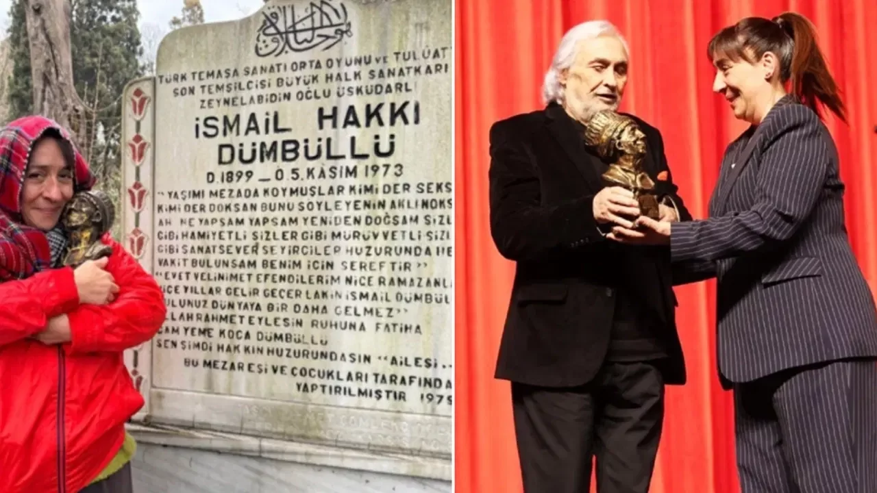 Oyuncu Binnur Kaya'dan ödülünü alır almaz İsmail Dümbüllü'nün kabrine ziyaret