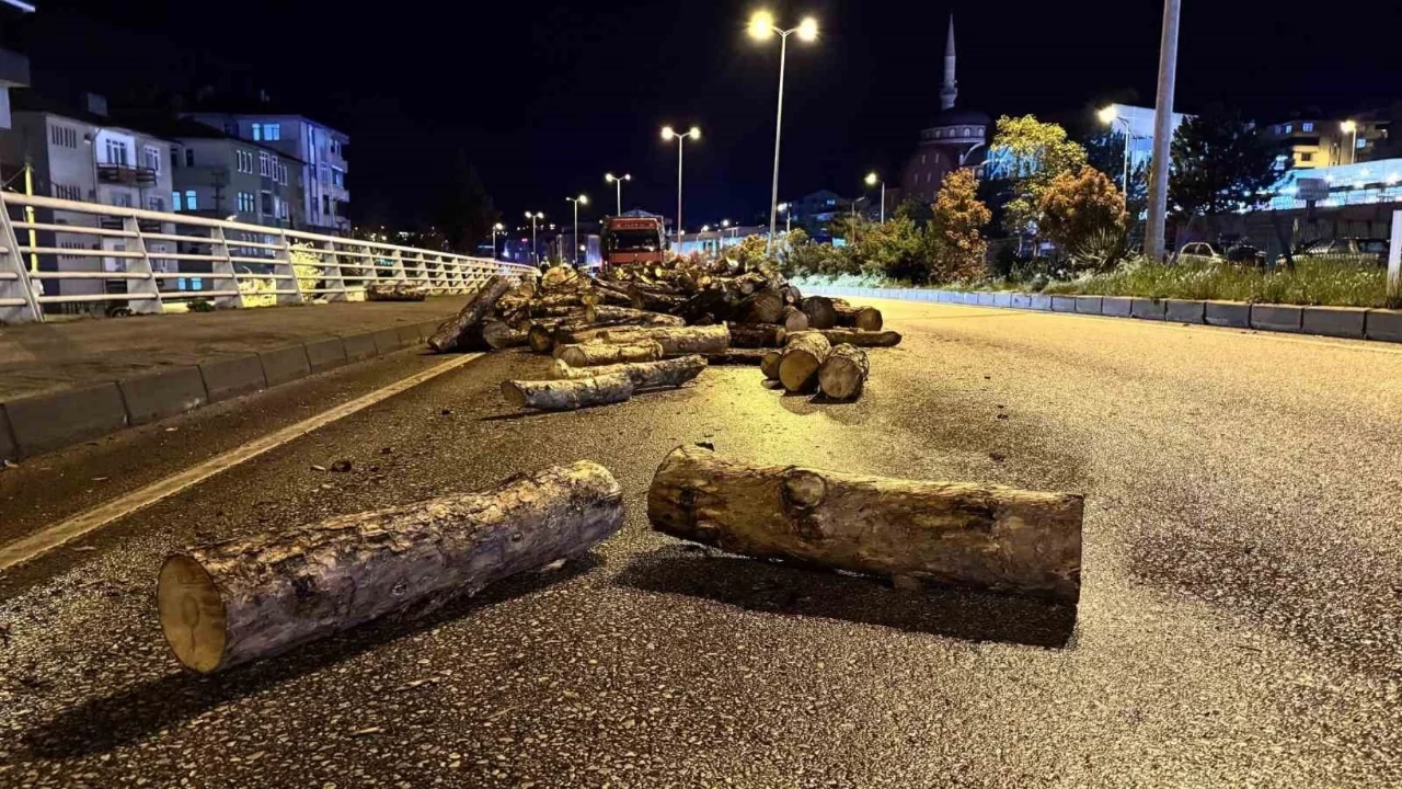 Karabük'te seyir halindeki kamyonun damperi aniden kalktı, odunlar yola döküldü