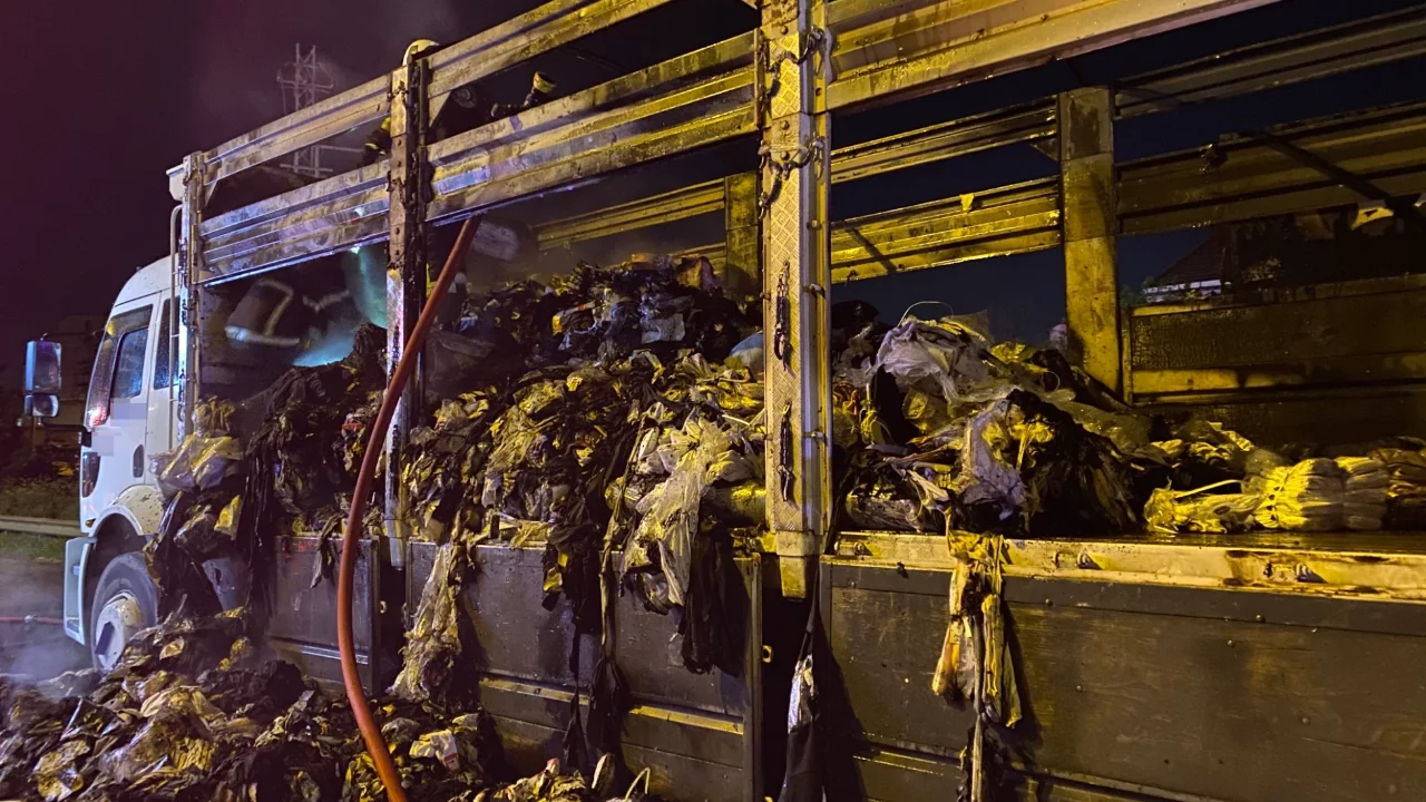 TEM otoyolunda tekstil yüklü kamyon alev alev yandı