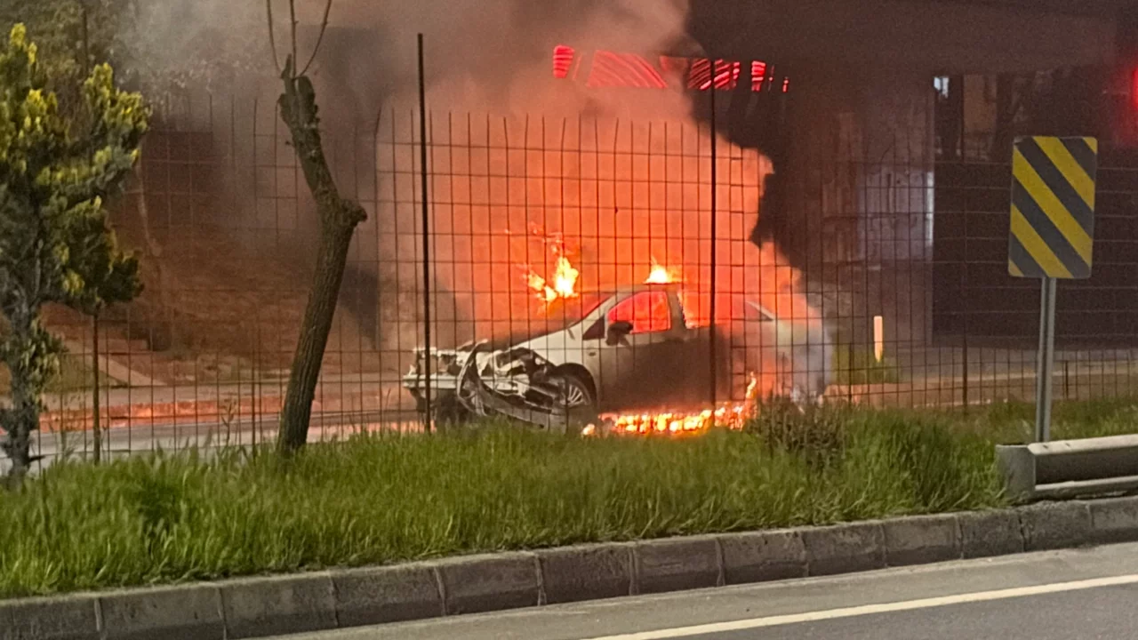 Kaza yapan otomobil alev topuna döndü