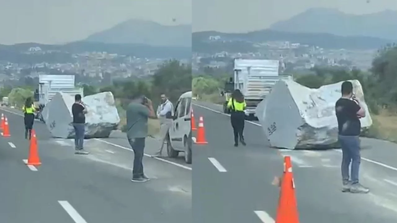 Tonlarca ağırlıktaki mermer yola düştü, facianın eşiğinden dönüldü