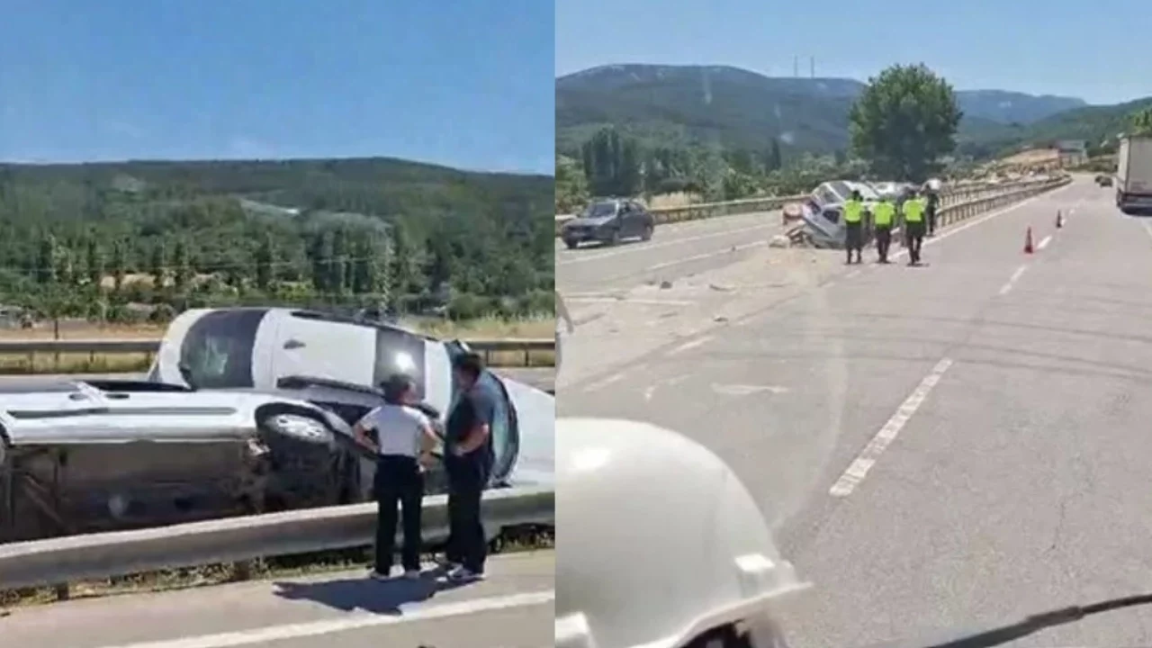 Bursa'da orta refüje saplanan iki araç bariyerlerin arasında sıkıştı