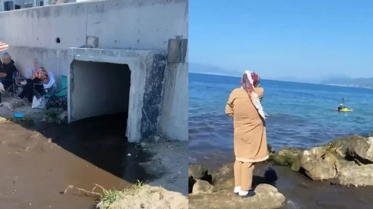 Bursa'da kanalizasyon suyu sahilde vatandaşların üzerine aktı