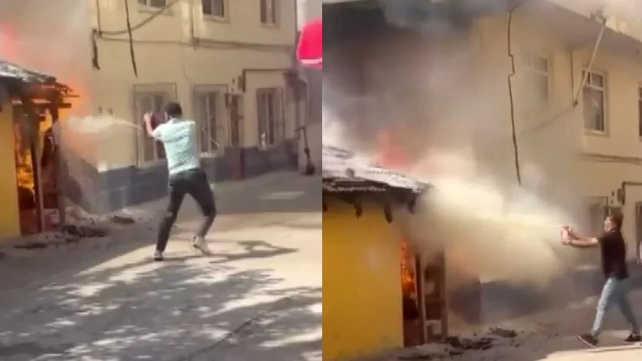 Bursa'da yangına vatandaş müdahalesi kamerada