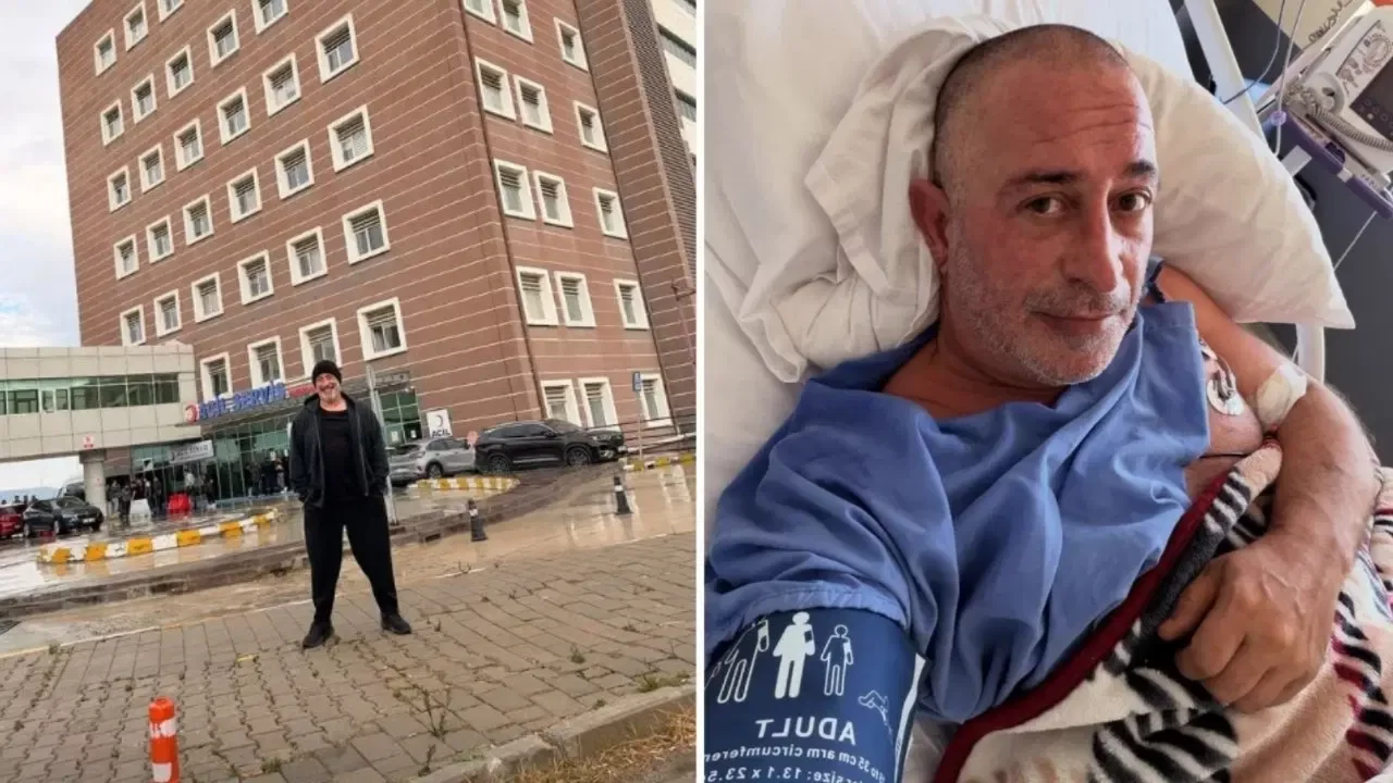 Cem Yılmaz tedavi gördüğü hastanenin önünden poz verdi