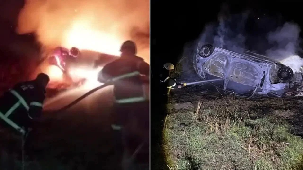 Amasya'da takla atan otomobil alev alev yandı: Sürücü son anda kurtuldu